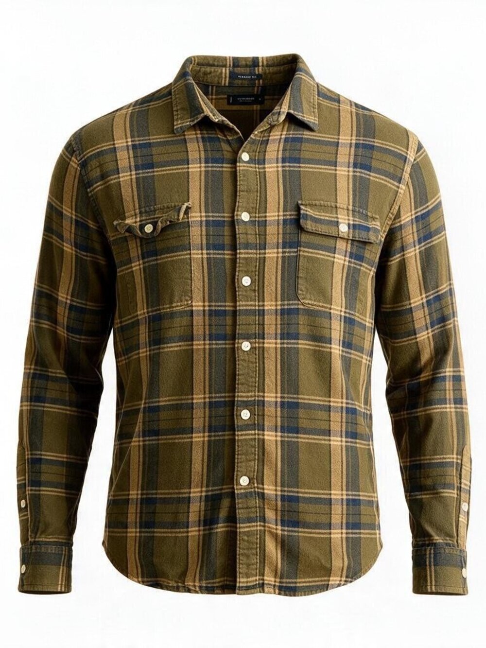 Lucky Brand Flannel Shirt Plaid Olive Gold Blue XL